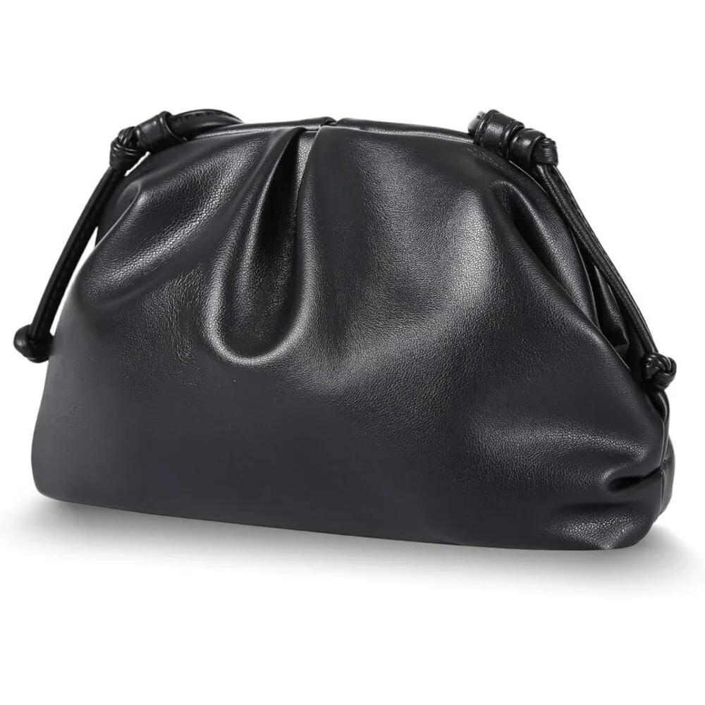 Women's Black PU leather Elegant Dressy Pleated Cloud Super Soft Clutch